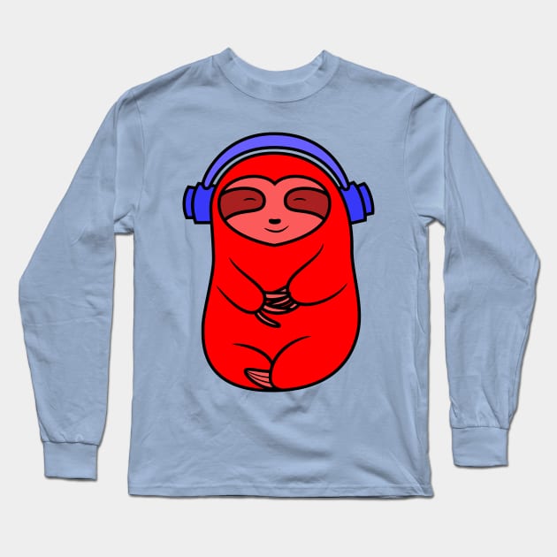 Happy Red Sloth Listening to Music Long Sleeve T-Shirt by SubtleSplit